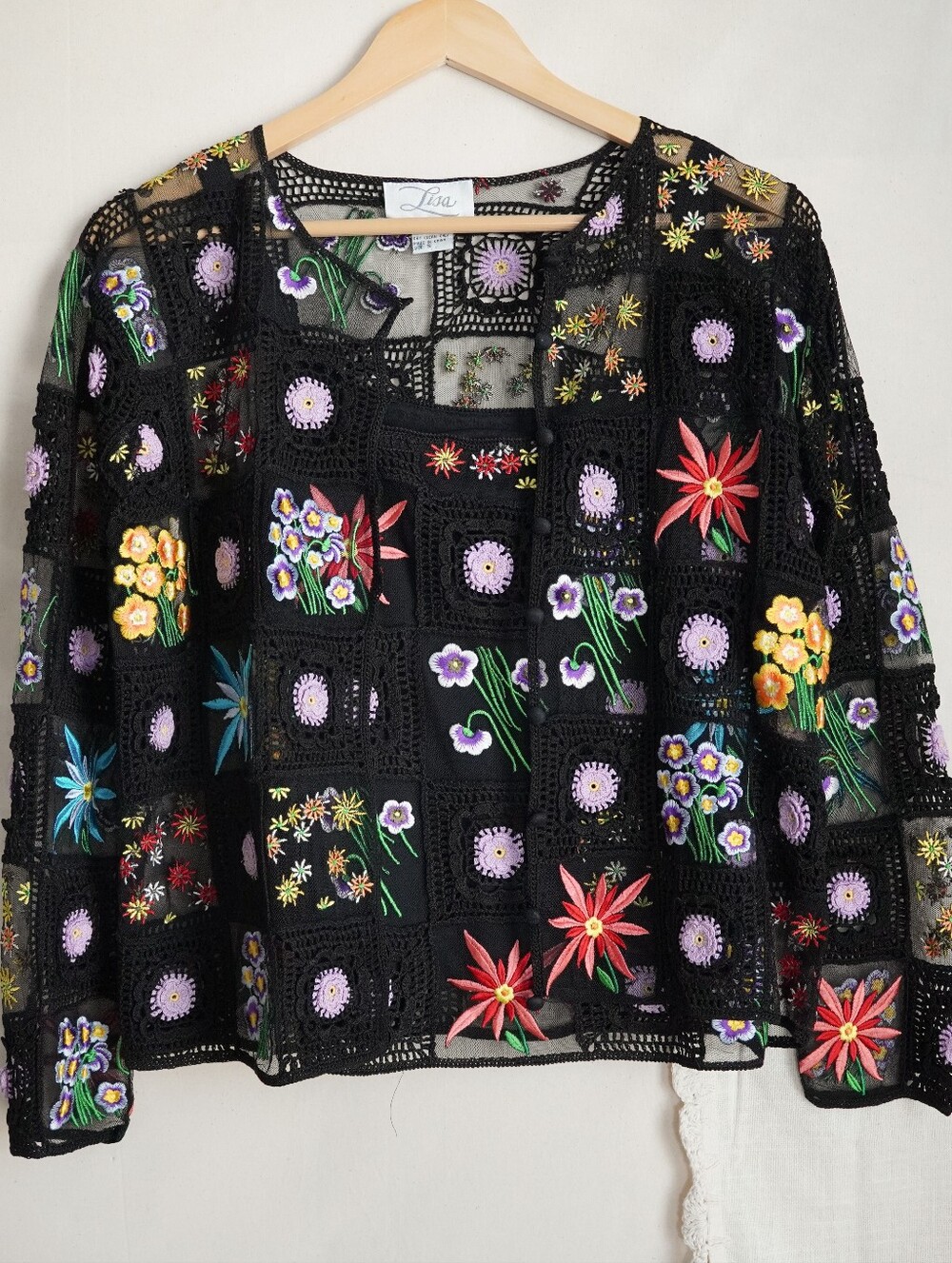 Lisa Black Crochet Mesh Floral Embroidered Cardigan & Tank Top Set S